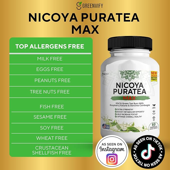 Nicoya PuraTea Max Green Tea Extract & Green Coffee Bean for Metabolism Support, Natural Energy Boost, Antioxidant-Rich Supplement – 180 Capsules