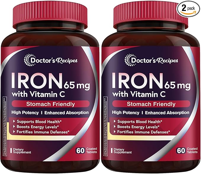 Doctor's Recipes Iron Supplement 65 mg with Vitamin C - Maximized Absorption & Stomach Friendly Iron Pills for Red Blood Cells Formation, Heart, Brain & Immunity Health - Vegan 120 Tabs (Pack of 2)