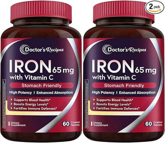 Doctor's Recipes Iron Supplement 65 mg with Vitamin C - Maximized Absorption & Stomach Friendly Iron Pills for Red Blood Cells Formation, Heart, Brain & Immunity Health - Vegan 120 Tabs (Pack of 2)