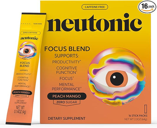 Neutonic Nootropic Focus Blend Powder | Peach Mango 16 Sticks | Caffeine Free, Zero Sugar | Support Memory, Mental Clarity, Cognitive Function | Boost Focus, Energy, Brain Health