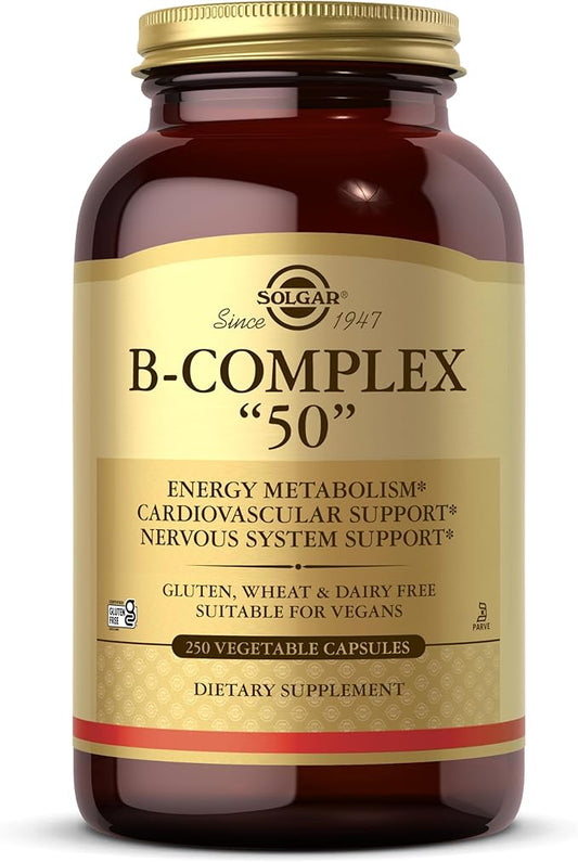 Solgar B-Complex “50”, 250 Vegetable Capsules - Energy Metabolism, Cardiovascular Support, Nervous System Support - Non-GMO, Vegan, Gluten Free, Dairy Free, Kosher - 250 Servings