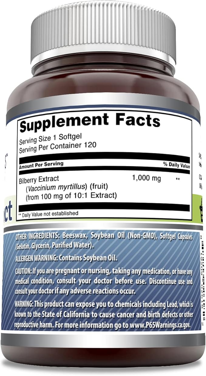 Amazing Formulas Bilberry Extract Supplement 1000 Mg 120 Softgels | Rich in Vitamins | Pure Extract of Bilberries