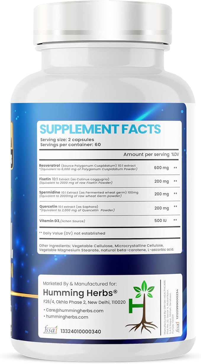 Resveratrol Supplement 1200mg – 5-in-1 Formula with Quercetin, Fisetin, Spermidine & Vitamin D3 – Cardiovascular & Wellness Support – 120 Capsules