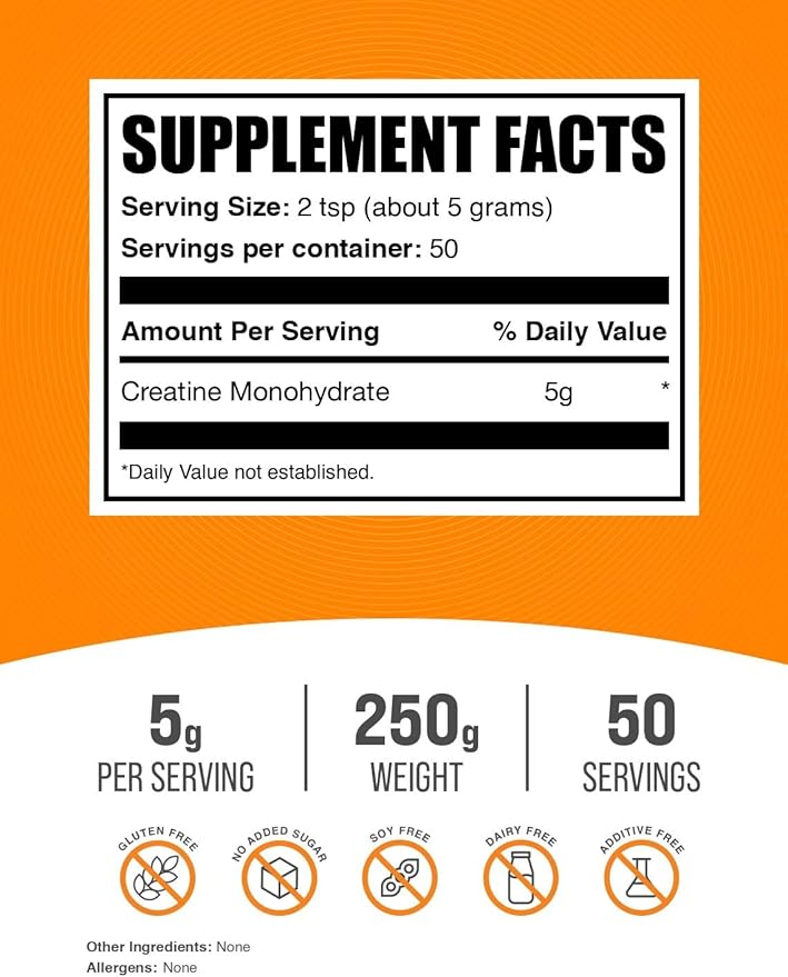 BulkSupplements.com Creatine Monohydrate Powder - Micronized Creatine Powder, Unflavored - Pure & Gluten Free, 5g (5000mg) per Servings, 250g (8.8 oz) (Pack of 1)