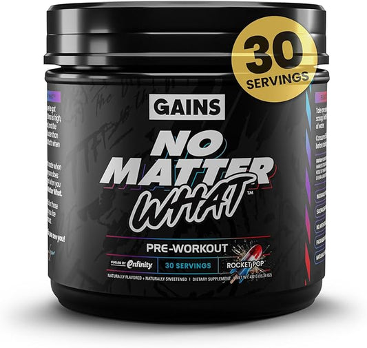 Gains in Bulk No Matter What Pre Workout Powder, with Paraxanthine, Amino Acids & L Theanine, Training Supplement for Athletes & Active Lifestyles, Energy & Focus Support, Rocket Pop, 30 Servings