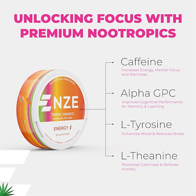NZE Caffeine Nootropic Pouches (Tropic Mango) - Energy Pouches with 50mg Caffeine, Alpha GPC, L-Tyrosine & L-Theanine - No Sugar or Artificial Sweeteners - 15 Nicotine Free Pouches Per Can - 5 Pack