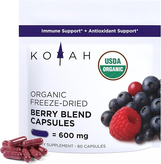 KOYAH Organic Berry Blend Capsules – Antioxidants & Polyphenols - 600 mg - Freeze-Dried (7.1x Concentrated) - Vegan, Non-GMO, Allergen-Free, Gluten-Free, 100% Whole-Berry - 60 Capsules