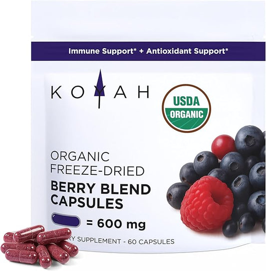 KOYAH Organic Berry Blend Capsules – Antioxidants & Polyphenols - 600 mg - Freeze-Dried (7.1x Concentrated) - Vegan, Non-GMO, Allergen-Free, Gluten-Free, 100% Whole-Berry - 60 Capsules