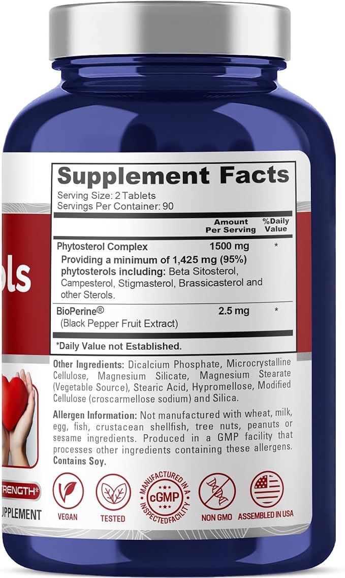 NusaPure Plant Sterols 1500 mg - 180 Tablets (Non-GMO, Vegan) Beta Sitosterol, Bioperine
