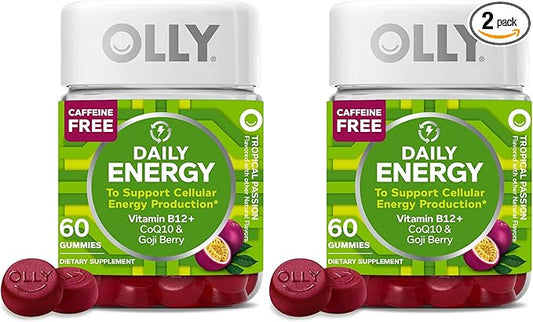 OLLY Daily Energy Gummy, Caffeine Free, Vitamin B12, CoQ10, Goji Berry, Adult Chewable Supplement, Tropical Flavor - 60 Count (Pack of 2)