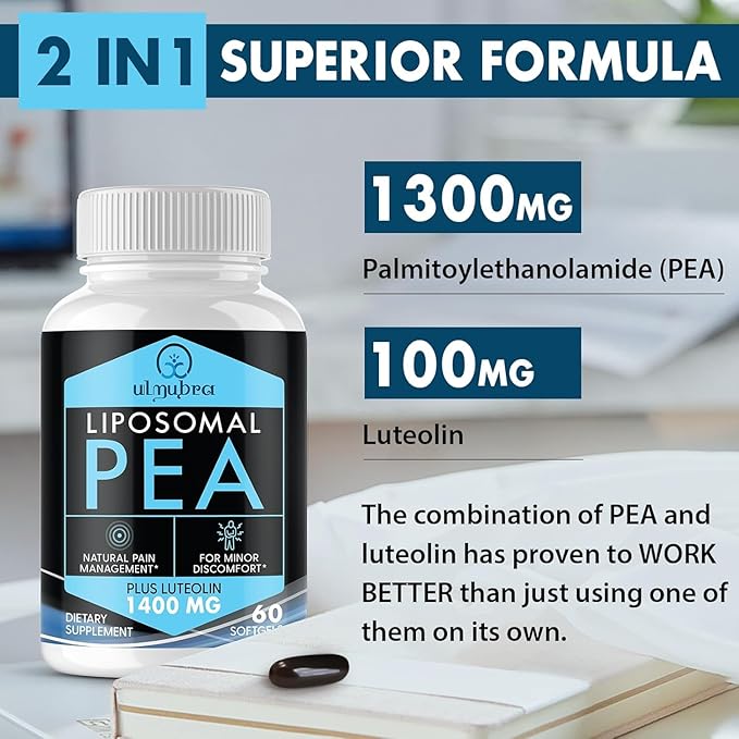Liposomal Palmitoylethanolamide 1300 MG Plus Luteolin 100 MG, Superior Absorption, Micronized Pea Supplement for Discomfort Management, 60 Softgels