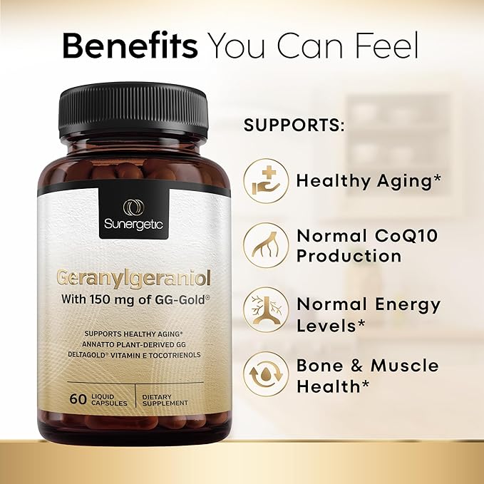 Sunergetic Premium Geranylgeraniol Supplement - GG-Gold 150mg with DeltaGold Vitamin E Tocotrienols- Annatto Derived GG for Statin Users, Heart Health & CoQ10 Production - 60 Capsules