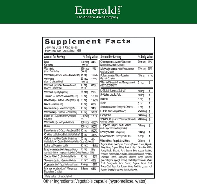 EMERALD LABS Men's 45+ 1-Daily Multi - Made with Saw Palmetto, Lycopene & More for Heart, Bone & Immune Support* - Gluten-Free - 60 Vegetable Capsules