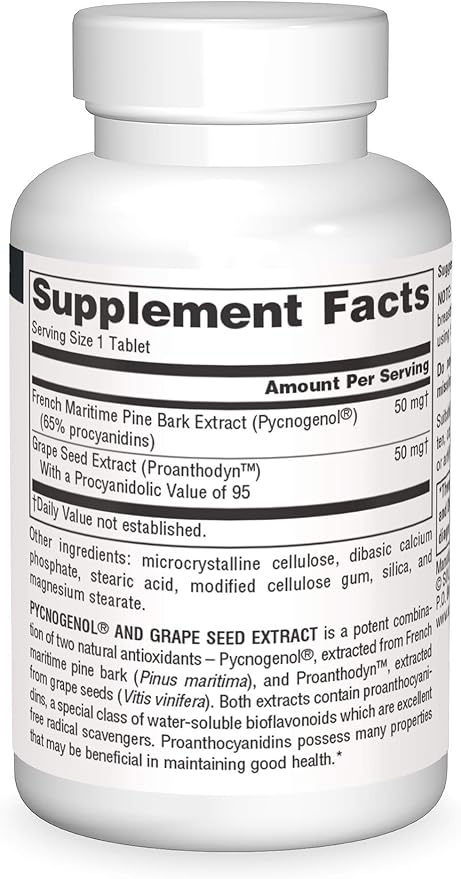 Source Naturals Pycnogenol & Grape Seed Extract 100 mg Dietary Supplement - 30 Tablets - a Potent Combination of Two Powerful Natural antioxidants*