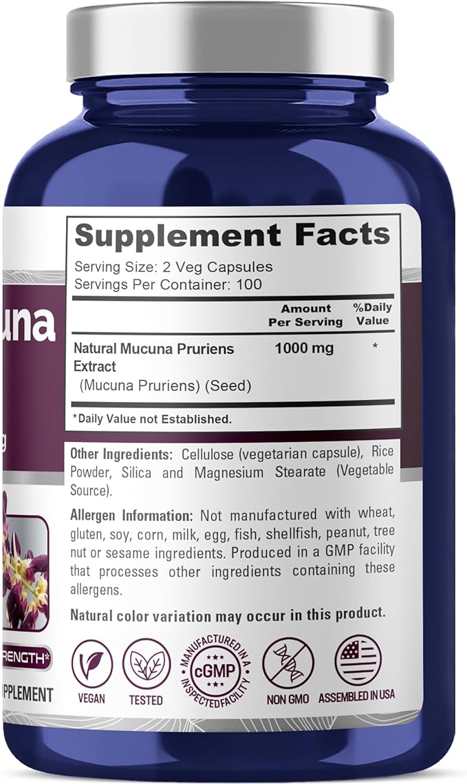 NusaPure Mucuna Pruriens 1000mg 200 Veggie Caps (Non-GMO, 100% Vegetarian, Vegan)