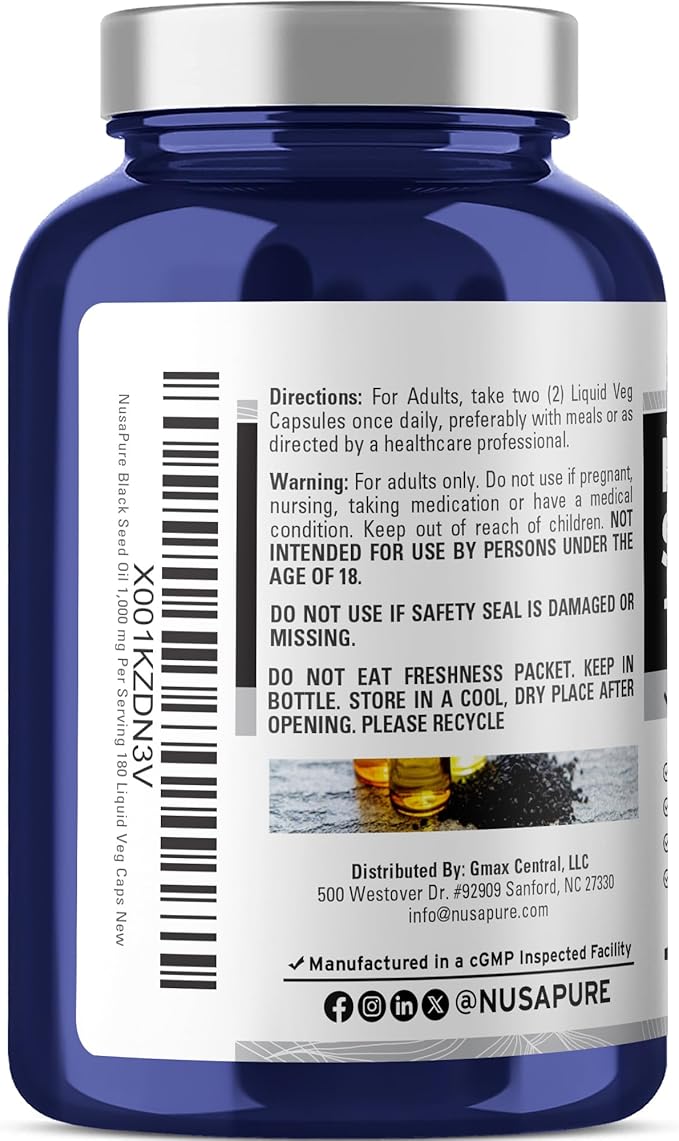 NusaPure Black Seed Oil 1,000 mg per Serving 180 Softgel Capsules (Non-GMO, Vegetarian) Cold-Pressed Virgin Nigella Sativa. Hexane Free