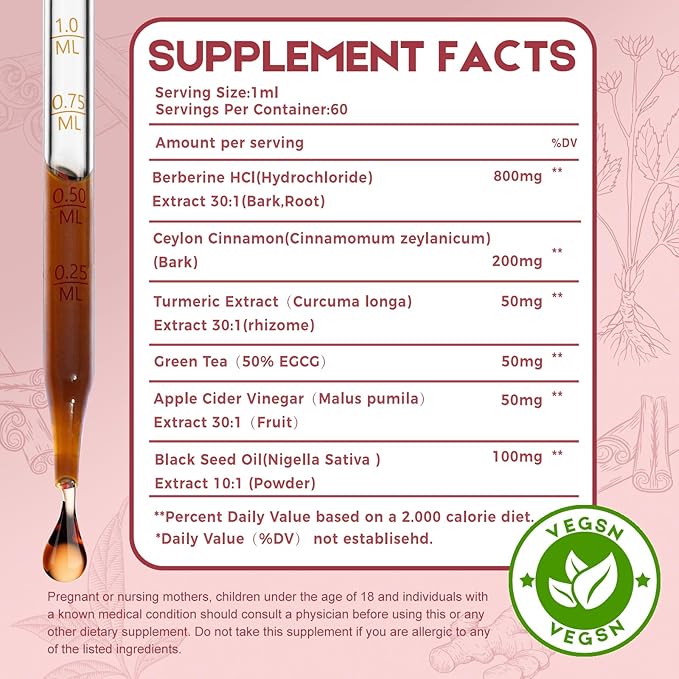 2 Pack Ceylon Cinnamon Berberine Bitter Liquid Drops Supplement with Turmeric,Green Tea,Apple Cider Vinegar,Black Seed Oil 4 FL OZ
