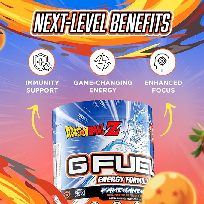 G Fuel Dragon Ball Z Energy Drink Powder, Pre Workout Caffeine Mix for Gaming, Sugar Free Focus Amino, Vitamin + Antioxidants, 9.8oz (Strawberry Lychee, 40 Servings)