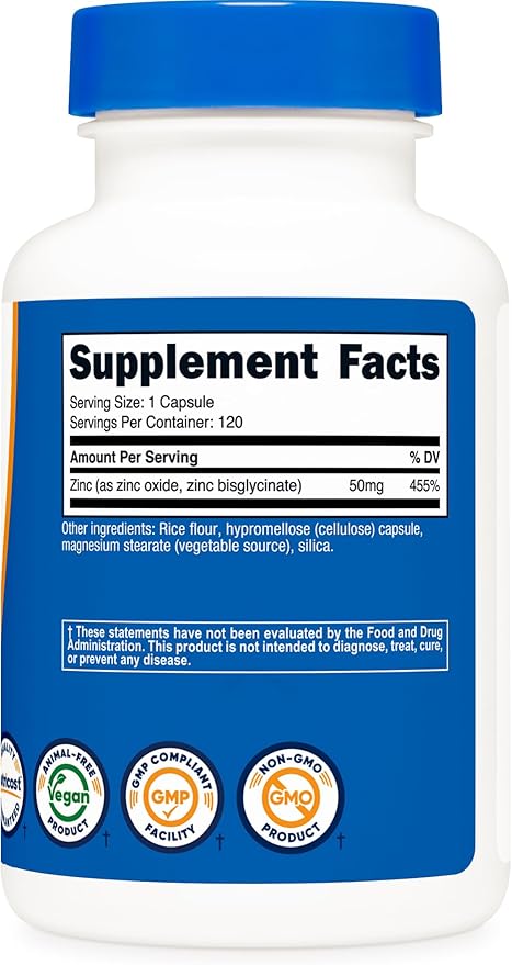 Nutricost Zinc Bisglycinate (50mg) 120 Vegan Capsules - GMO-Free, Gluten-Free Supplement