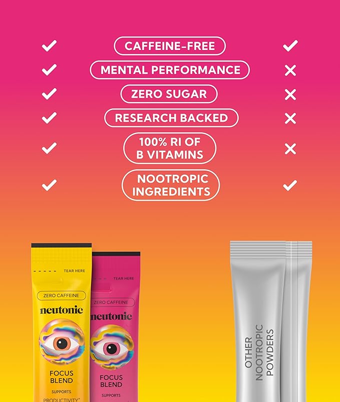 Neutonic Nootropic Focus Blend Powder | Peach Mango & Wild Berry 32 Sticks | Caffeine Free, Zero Sugar | Support Memory, Mental Clarity, Cognitive Function | Boost Focus, Energy, Brain Health