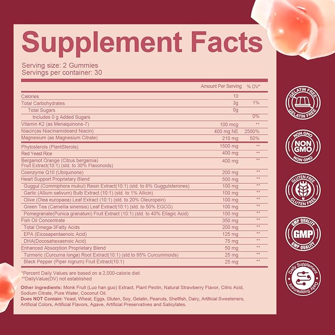 Cholesterol Supplements with Plant Sterols, Red Yeast Rice & COQ10 etc, 17-in-1 Cholesterol Complex Gummies for Heart & Cholesterol Health, Energy Support, Non-GMO, Strawbreey Flavor, 60 Gummies.