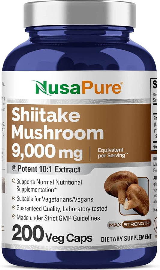NusaPure Shiitake Mushroom 10:1 Extract, 900 mg Equivalent to 9000mg 200 Veggie Capsules (Non-GMO, Vegan)