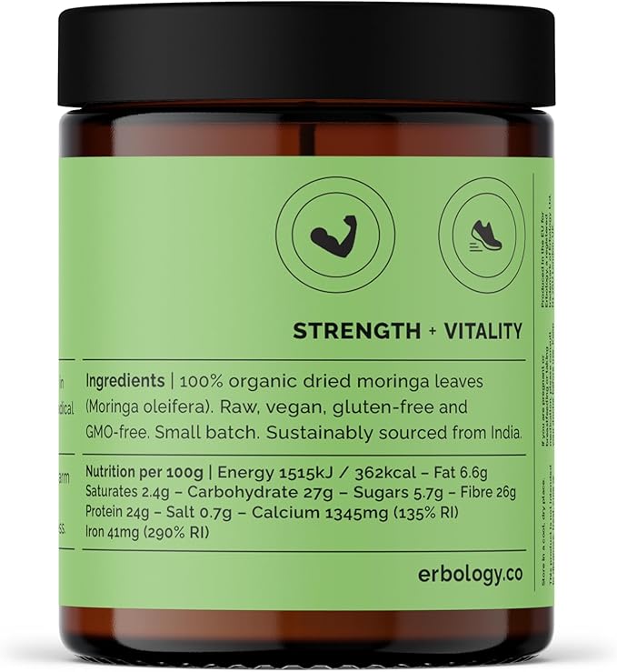 Erbology Organic Moringa Leaf Powder 3.2 oz - 45 Servings - Body Cleansing - Immunity Support - Rich in Iron - Sustainably Sourced Straight from Farm in India - Small Batch - Vegan - GMO-Free