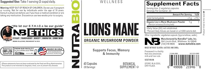 NutraBio Lions Mane Supplement Capsules- Organic Lion's Mane Mushroom Powder (500mg)- Focus, Memory, Immunity - 60 Vegetable Capsules