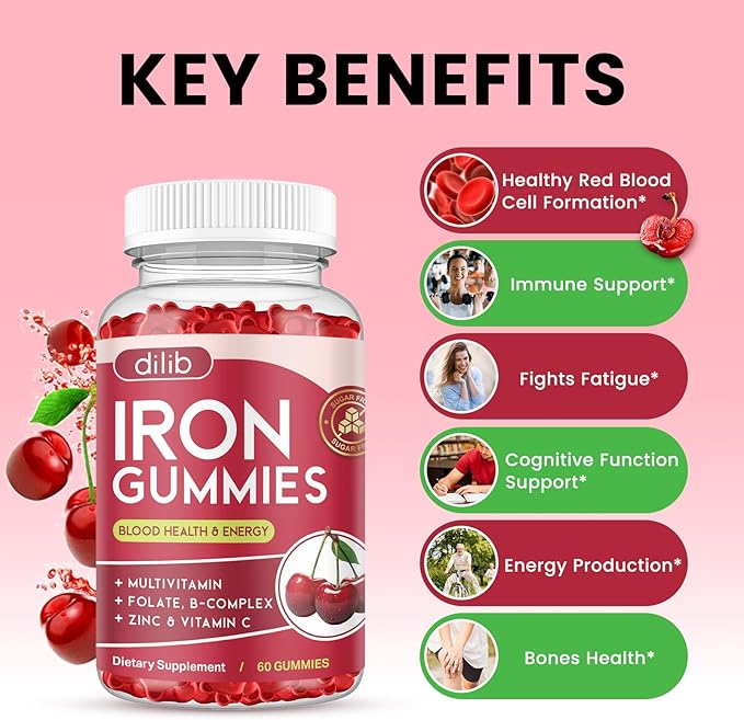 Iron Gummies with Multivitamin, Iron Supplement for Women & Men, Kids Multivitamin with Iron, Zinc, Vitamin B Complex & C, B12, Folate - Blood Builder, Energy Support, Cherry Flavor, Vegan 120 Gummies