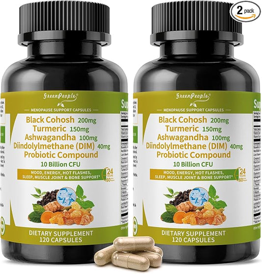 Menopause Supplements for Women - Black Cohosh & Ashwagandha for Hot Flashes, Night Sweats, Mood Swings, Hormonal Balance Support,10 Billion CFU Probiotic - 120(2 Packs) Capsules Vegan