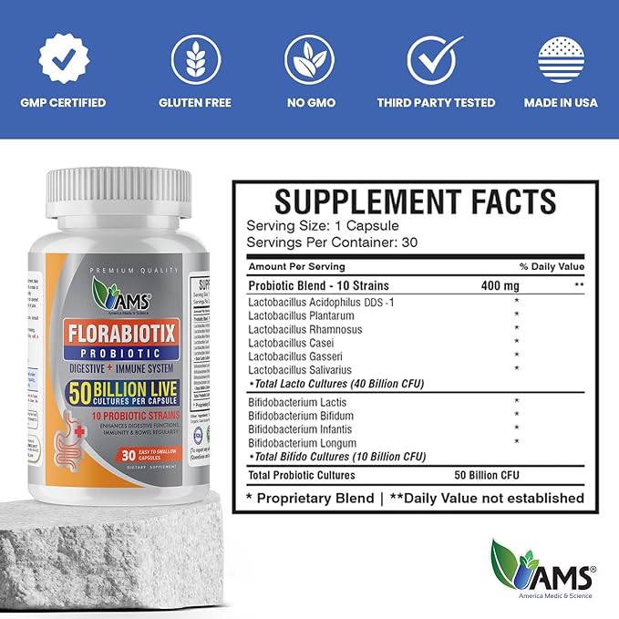 America Medic & Science Florabiotix Probiotic (30 Capsules) | Dietary Supplement for Men and Women| 50 Billion Live Cultures | 10 Probiotic Strains | Supports Digestive and Immune Health