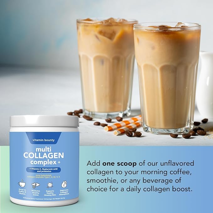 Vitamin Bounty Multi Collagen Complex Plus Powder - 5 Types of Hydrolyzed Collagen Peptides for Women & Men Skin, Hair, Joints & Gut Health w/Vitamin C, Hyaluronic Acid & Probiotics | 50 Servings