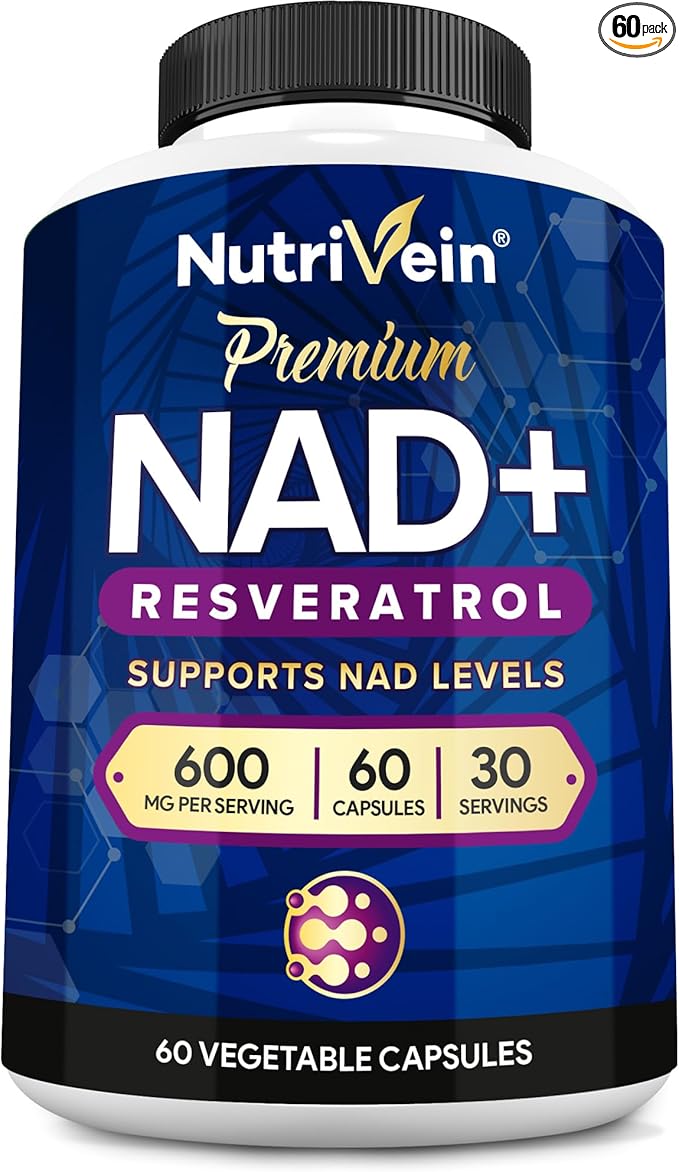 Nutrivein Premium NAD + Resveratrol Supplement 600 mg - 30 Servings (60 Capsules): Powerful Synergistic NAD Resveratrol Supplement - Aging, Cognition, Metabolism, & Overall Well-Being