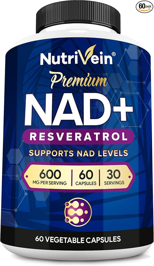 Nutrivein Premium NAD + Resveratrol Supplement 600 mg - 30 Servings (60 Capsules): Powerful Synergistic NAD Resveratrol Supplement - Aging, Cognition, Metabolism, & Overall Well-Being