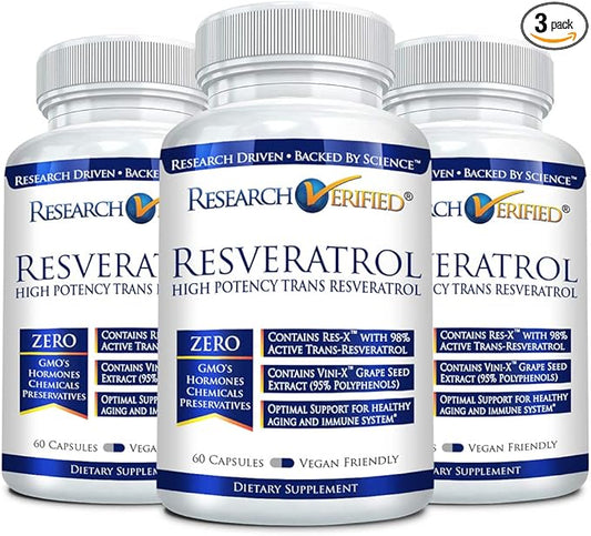 Research Verified Resveratrol - 98% Trans-Resveratrol 1000 mg, Anti-Aging Support - 60 Capsules per Bottle - 3 Bottles