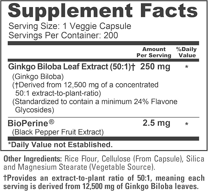 NusaPure Ginkgo Biloba 50:1 Extract, 250 mg Equivalent to 12,500 mg per Veggie Caps 200 Capsules (Vegetarian, Non-GMO, Vegan) Bioperine