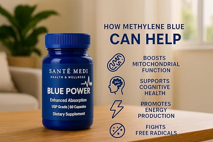 Blue Power - Methylene Blue (USP Grade) Pharma Grade - 60 Capsules with Added Vitamin C Ester for Enhanced Absorption - Brain Supplement for Memory, Focus, Clarity, Cognitive Function