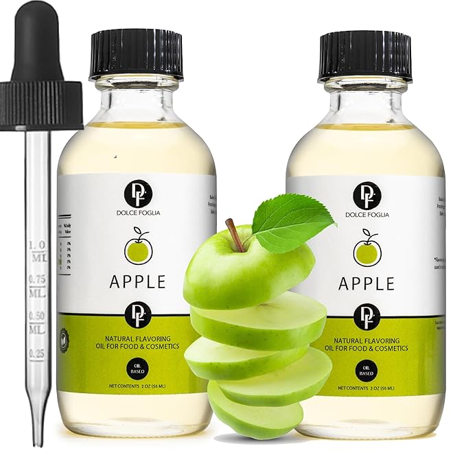 Dolce Flav Apple Extract (Oil-Soluble) – Kosher, Sugar-Free, Concentrated Crisp Apple Flavoring for Baking, Chocolates & Desserts, Includes Measured Dropper, 2 oz Pack of 2
