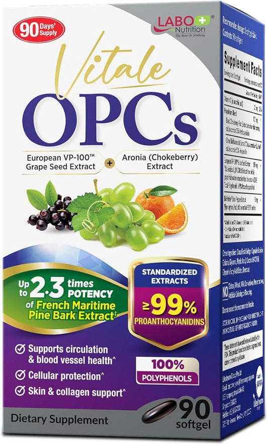 LABO Nutrition Vitale OPCs | Premium European Grape Seed Extract with Aronia, Citrus Bioflavonoids | Supports Circulation, Skin Health and Cellular Protection | 100% polyphenols 90 Softgels