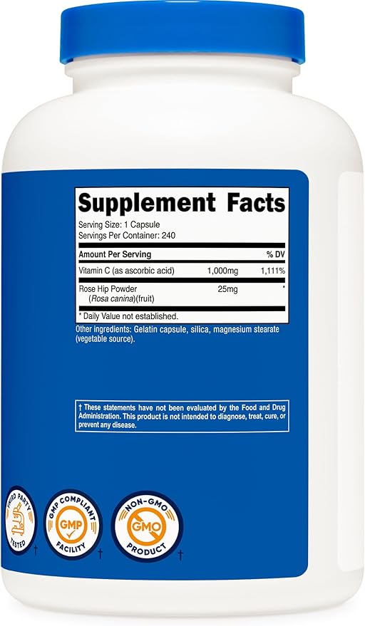 Nutricost Vitamin C with Rose HIPS 1025mg, 240 Capsules (3 Bottles) - Premium Non-GMO, Gluten Free Vitamin C Supplement