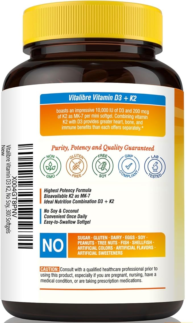 Vitamin D3 K2 Supplement, 10000 IU D3 / 200 mcg K2 MK7, Calcium Absorption, Bone, Heart, Immune & Mood Support, Enhanced Absorption, No Soy, Easy to Swallow, 300 Softgels