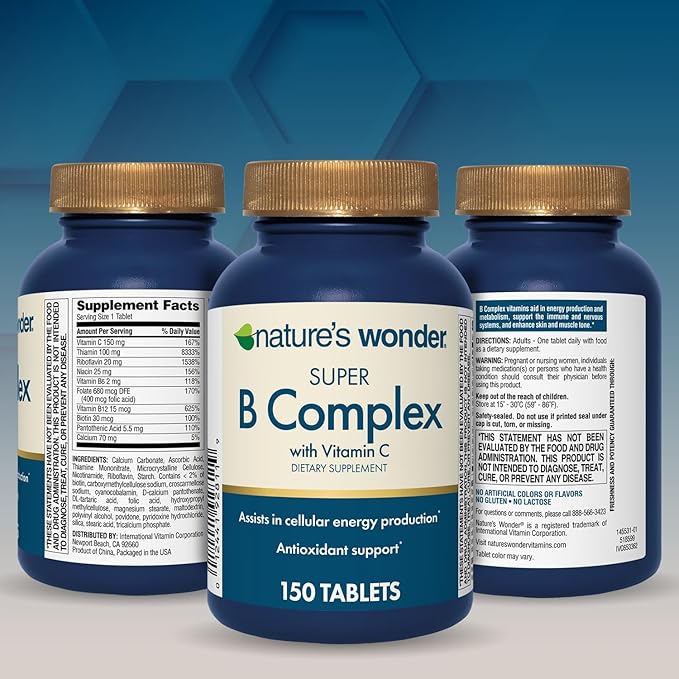 Nature's Wonder Super B Complex with Vitamin C, Vitamin B12, & Folic Acid – Supports Energy Metabolism, Immune Function, Nervous System, Skin & Muscle Health, 150 Tablets