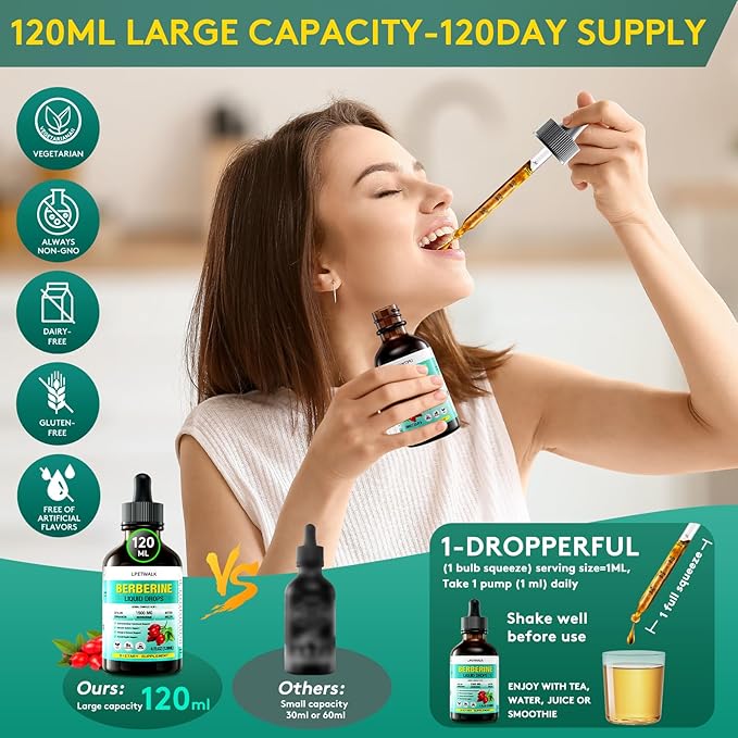 4 FL Oz Organic Berberine Liquid Drops, Premium Berberine Supplement Liquid with Ceylon Cinnamon, Bitter Melon, Sugar-Free & Vegan Supplement, 98% Absorption,120ML