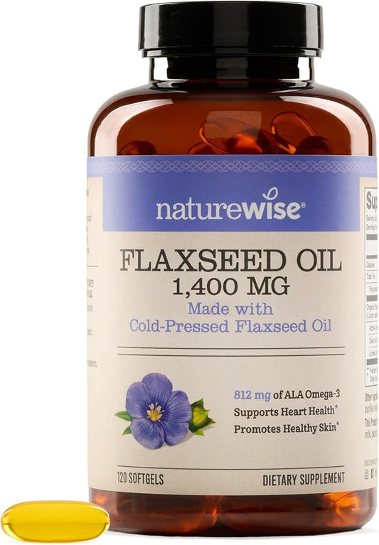 NatureWise Flaxseed Oil 1400 mg, Fish Free, High Potency Omega 3 with 812 mg ALA, Dietary Supplement for Heart Health Support - Organic, Cold Pressed, Non-GMO - 120 Softgels[120-Day Supply]