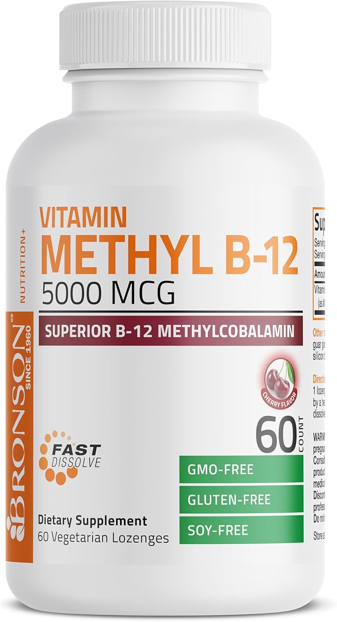 Bronson Methyl B12 5000 mcg Vitamin B12 Methylcobalamin Energy & Brain Support 60 Lozenges