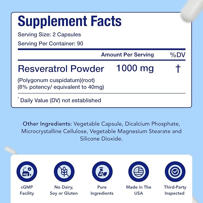 Resveratrol 1000mg Capsules | Vegan Friendly Resveratrol Supplement from Easy Absorption Antioxidant Japanese Knotweed for Skin Heart and Brain Support | Made in US cGMP Facilities (90 Day Supply)