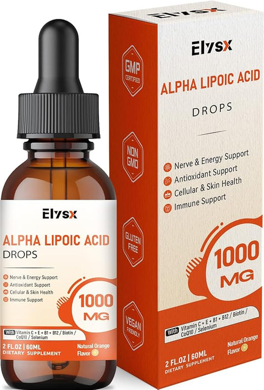 Alpha Lipoic Acid Liquid Drops 1000mg, ALA Supplement for Nerve and Antioxidant Support with Biotin, Natural Orange Flavor, 2FL OZ
