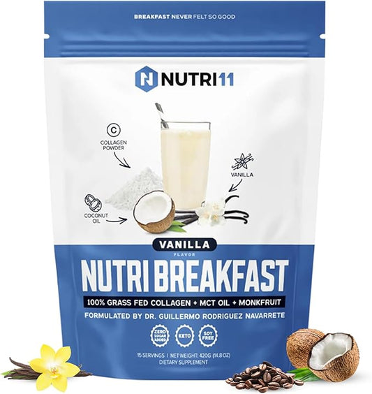 NutriBreakfast by Nutrillermo/Keto Protein Collagen Powder with MCT Oil/MCT Oil Powder with Collagen/Keto Collagen Peptides Powder with Grass-Fed Bovine Collagen Type I & III (15.9, Vanilla)