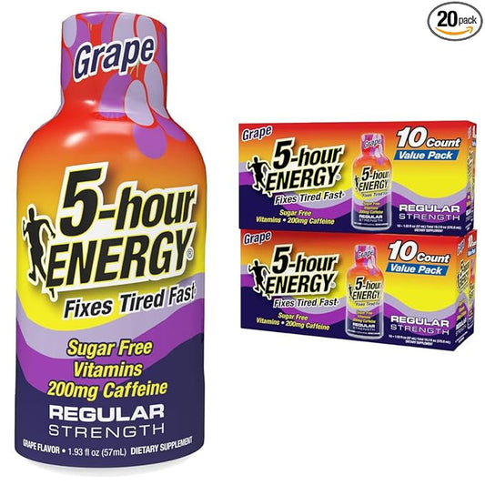 5-hour ENERGY Regular Strength Grape Energy Shot 1.93oz, 20-Pack – Sugar Free Caffeine Energy Booster with B-Vitamins & Amino Acids – Zero Calorie