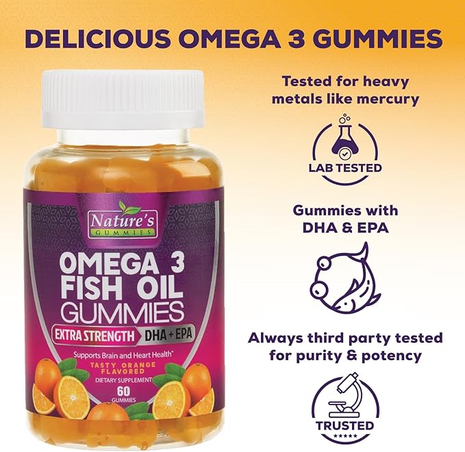 Omega 3 Fish Oil Gummies Triple Strength Vitamin - DHA & EPA with Fatty Acids for Heart Health, Joint, Brain Support Fish Oil Omega-3 Supplement Nature's High Absorption Orange Flavor Gummy, 60 Count